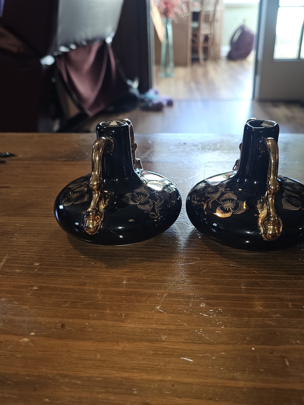 Pair Of Vintage Swetye Pottery Black and Gold Floral Ceramic Vases - Picture 3 of 8